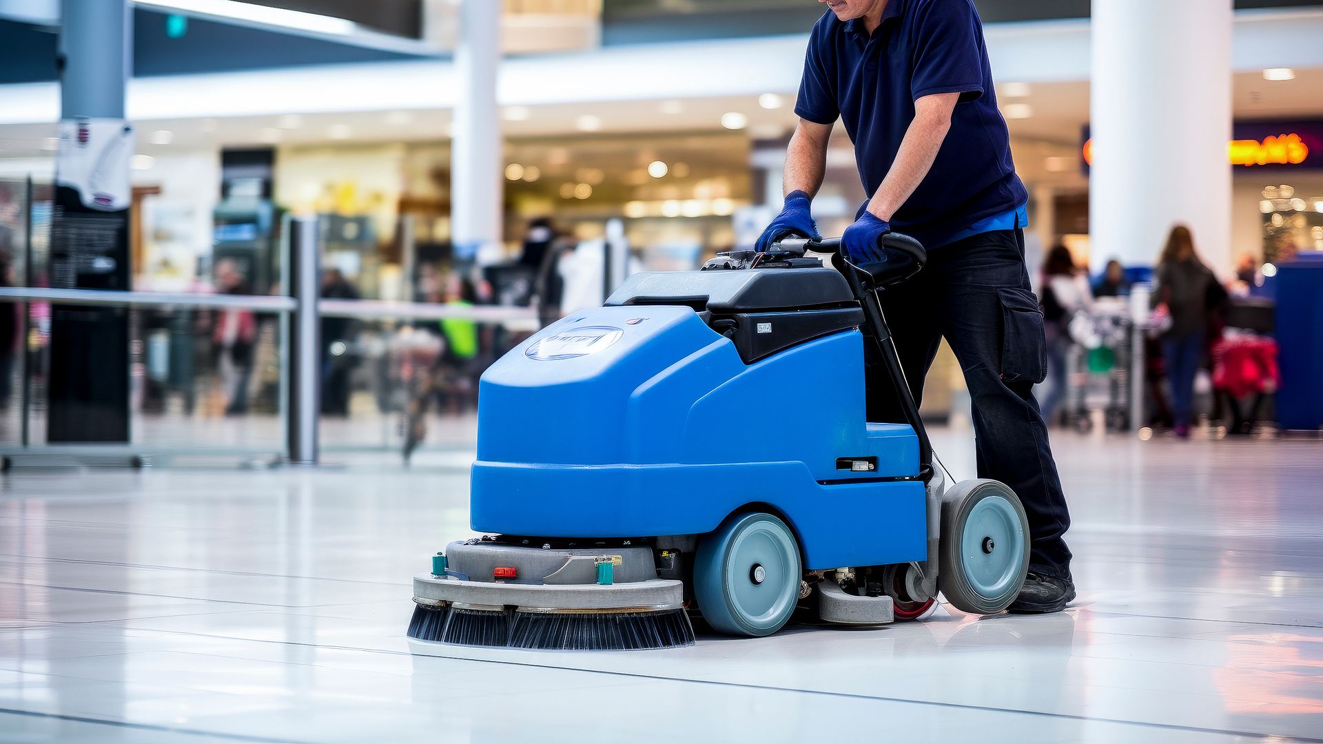Maintenance worker operating blue floor scrubber machine in shopping mall corridor