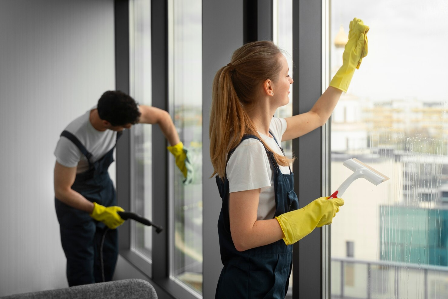 Professional cleaners in yellow gloves washing high-rise office windows with squeegees